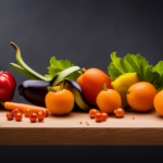 An image showcasing a vibrant assortment of freshly picked fruits and vegetables, neatly arranged on a wooden cutting board