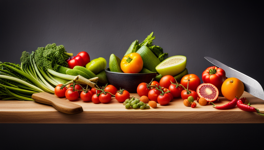 An image showcasing a vibrant assortment of freshly picked fruits and vegetables, neatly arranged on a wooden cutting board