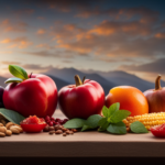 An image showcasing an assortment of vibrant, fresh fruits and vegetables, accompanied by grains, nuts, and dairy products