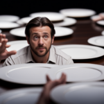 An image that portrays a frustrated person surrounded by empty plates, filled with raw vegetables