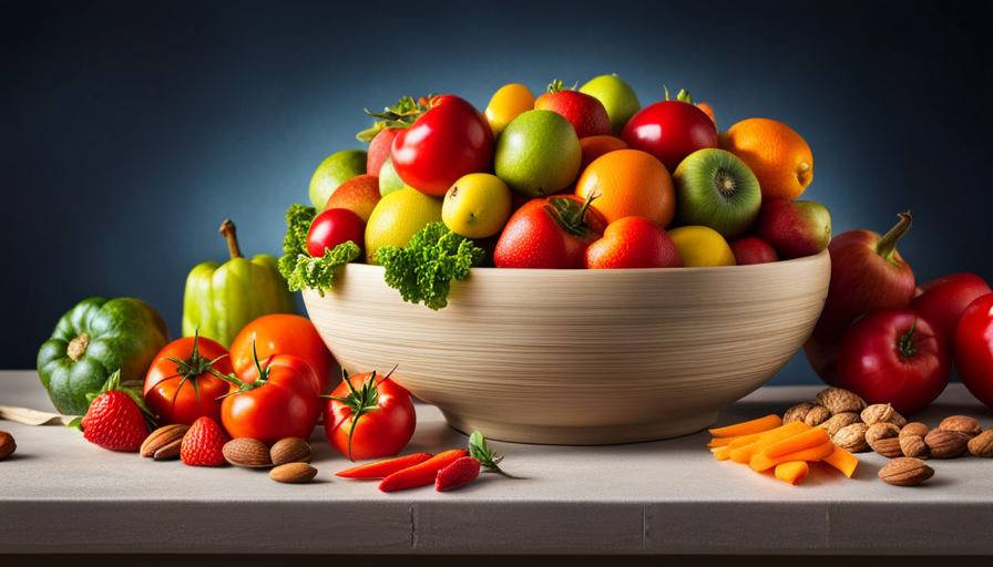 An image showcasing a vibrant, colorful salad bowl overflowing with fresh, uncooked fruits, vegetables, and nuts