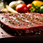 An image showcasing a perfectly marinated raw steak placed on a clean cutting board, surrounded by various fresh ingredients like herbs, spices, and marinade bottles, highlighting the importance of food safety guidelines
