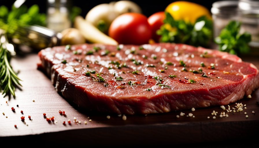 An image showcasing a perfectly marinated raw steak placed on a clean cutting board, surrounded by various fresh ingredients like herbs, spices, and marinade bottles, highlighting the importance of food safety guidelines