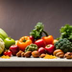 An image showcasing a colorful assortment of fresh fruits, vegetables, nuts, and seeds beautifully arranged on a kitchen counter, representing the monthly raw food costs for a plant-based diet