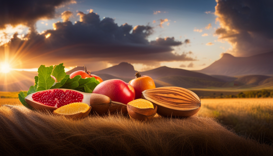 An image that showcases a colorful array of vibrant, unprocessed fruits, vegetables, nuts, and seeds