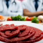 An image depicting a dinner plate with raw meats and vegetables, juxtaposed with contrasting images of a sickly person and a doctor, highlighting the potential health risks of a raw food diet