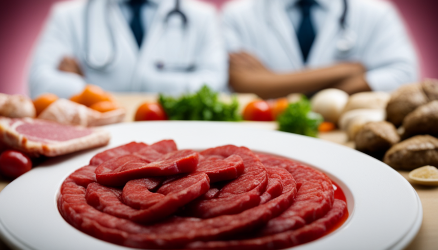 An image depicting a dinner plate with raw meats and vegetables, juxtaposed with contrasting images of a sickly person and a doctor, highlighting the potential health risks of a raw food diet