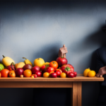 An image of a table covered in vibrant, untouched fruits and vegetables, juxtaposed with a shadowy figure holding a warning sign