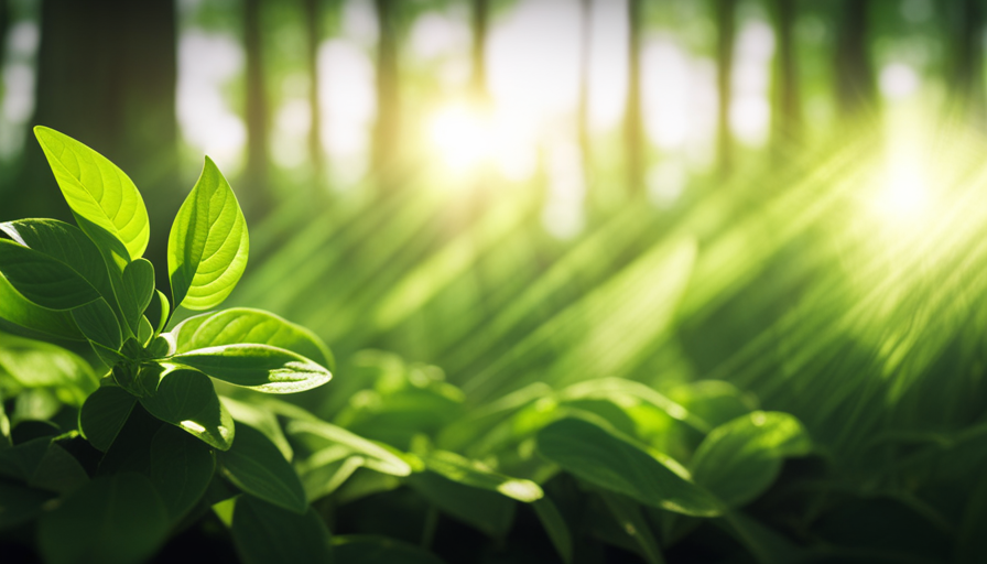 An image showcasing a lush green plant bathed in sunlight, with its roots absorbing water from the soil and its leaves absorbing carbon dioxide from the air