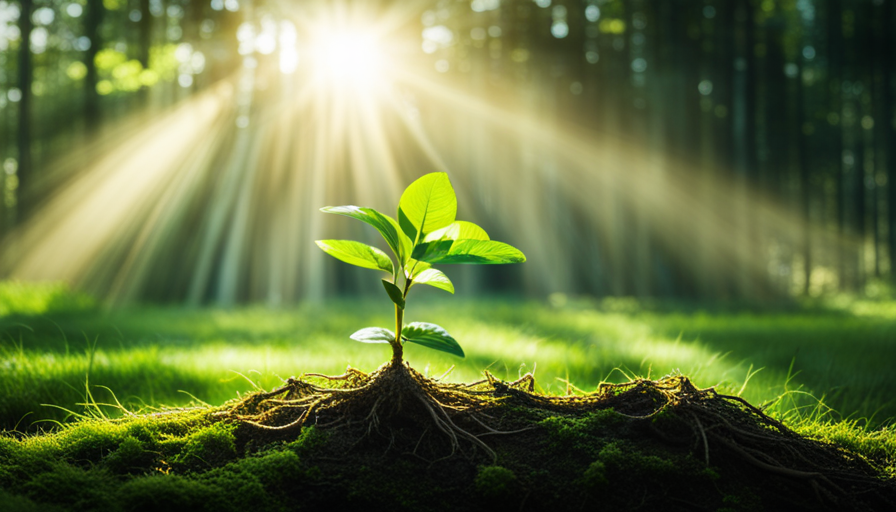 An image showcasing a lush green plant bathed in sunlight, with its roots absorbing water from the soil and its leaves absorbing carbon dioxide from the air
