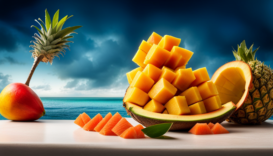 An image showcasing a vibrant assortment of fresh fruits: succulent mango slices, juicy papaya chunks, and luscious pineapple wedges, harmoniously arranged on a platter, offering alternatives to young coconuts in a raw food diet