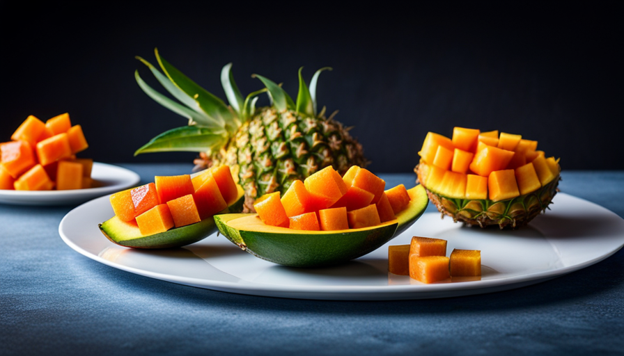 An image showcasing a vibrant assortment of fresh fruits: succulent mango slices, juicy papaya chunks, and luscious pineapple wedges, harmoniously arranged on a platter, offering alternatives to young coconuts in a raw food diet