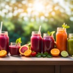 An image showcasing an abundant variety of vibrant, freshly squeezed juices, nutrient-rich smoothies, and refreshing infused water