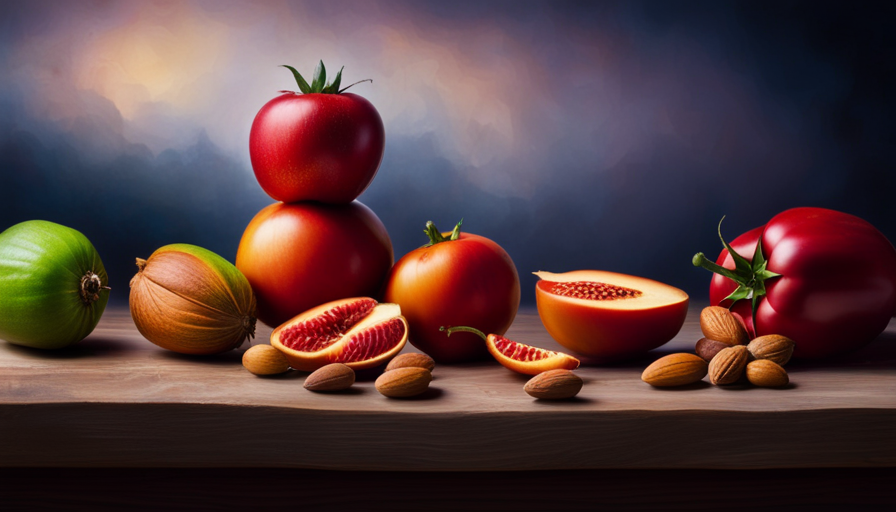 An image showcasing a vibrant assortment of fresh, uncooked fruits, vegetables, and nuts