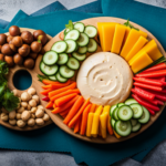 An image showcasing a vibrant platter of raw food delights: a creamy, golden cashew cheese wheel adorned with fresh herbs and cracked pepper, surrounded by colorful slices of cucumber, carrot, and bell peppers