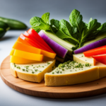 An image showcasing a vibrant platter of raw food delights: a creamy, golden cashew cheese wheel adorned with fresh herbs and cracked pepper, surrounded by colorful slices of cucumber, carrot, and bell peppers