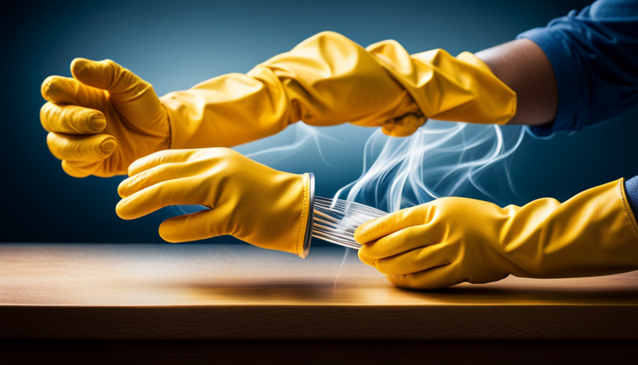 An image showcasing a pair of food service gloves in vibrant, vivid yellow, specifically designed for handling raw chicken