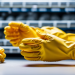 An image showcasing a pair of food service gloves in vibrant, vivid yellow, specifically designed for handling raw chicken