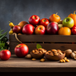 An image featuring a vibrant assortment of fresh fruits, vegetables, and nuts, beautifully arranged in a rustic wooden crate