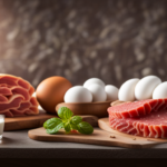 An image showcasing a diverse assortment of raw foods, such as raw meat, eggs, and unpasteurized milk, alongside microscopic illustrations of common foodborne pathogens like Salmonella, E