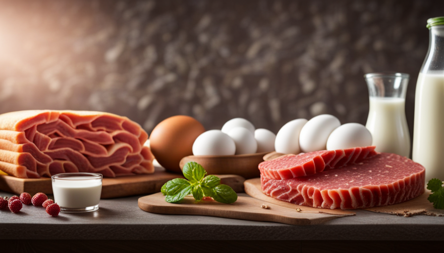 An image showcasing a diverse assortment of raw foods, such as raw meat, eggs, and unpasteurized milk, alongside microscopic illustrations of common foodborne pathogens like Salmonella, E