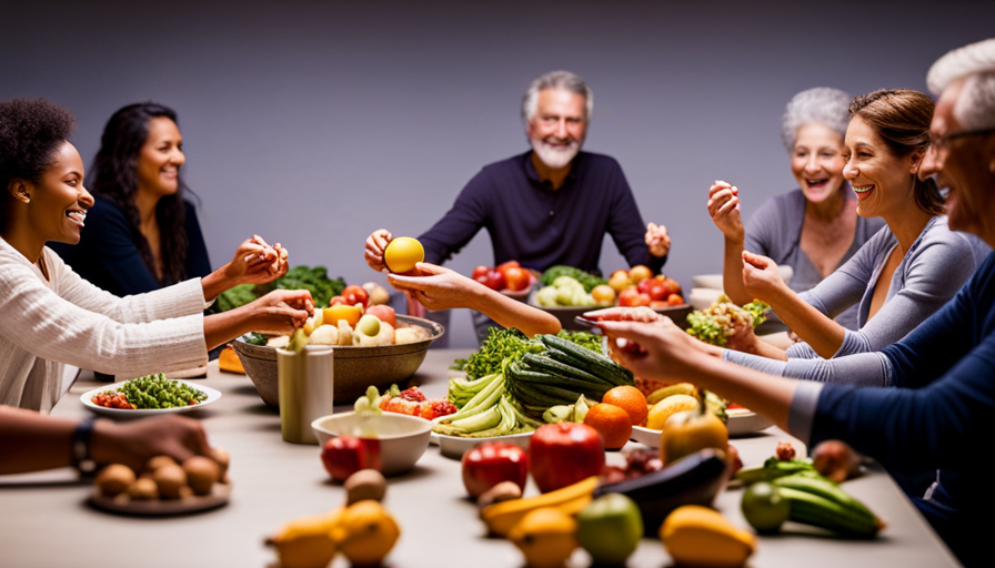 An image capturing a diverse group of people seated around a communal table, joyfully indulging in vibrant, uncooked fruits, vegetables, and nuts