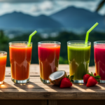 An image showcasing a vibrant assortment of freshly pressed juices, colorful smoothies, and ice-cold coconut water, beautifully arranged on a rustic wooden table