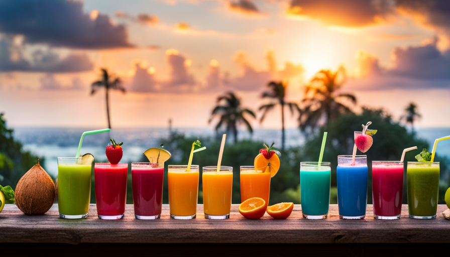 An image showcasing a vibrant assortment of freshly pressed juices, colorful smoothies, and ice-cold coconut water, beautifully arranged on a rustic wooden table