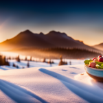 An image showcasing raw food enthusiasts' winter meals: a vibrant plate filled with crisp greens, colorful root vegetables, juicy citrus fruits, and sprouted nuts, surrounded by a snowy landscape hinting at the season