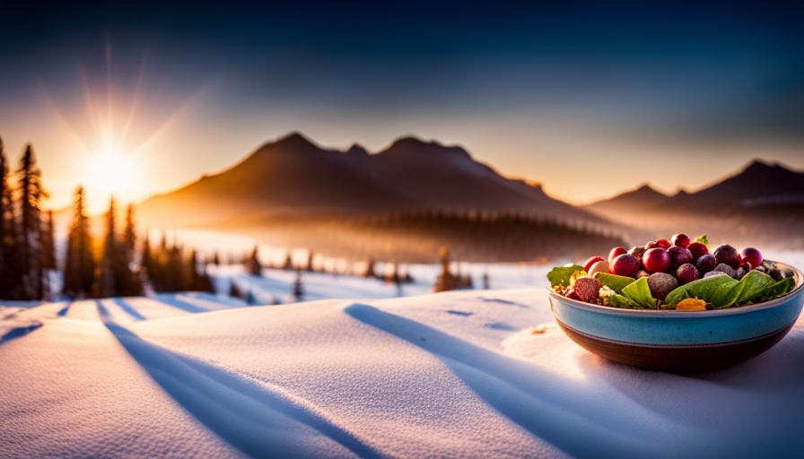 An image showcasing raw food enthusiasts' winter meals: a vibrant plate filled with crisp greens, colorful root vegetables, juicy citrus fruits, and sprouted nuts, surrounded by a snowy landscape hinting at the season