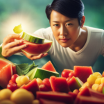 An image showcasing a person surrounded by vibrant, uncooked fruits, vegetables, and leafy greens