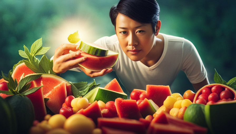 An image showcasing a person surrounded by vibrant, uncooked fruits, vegetables, and leafy greens