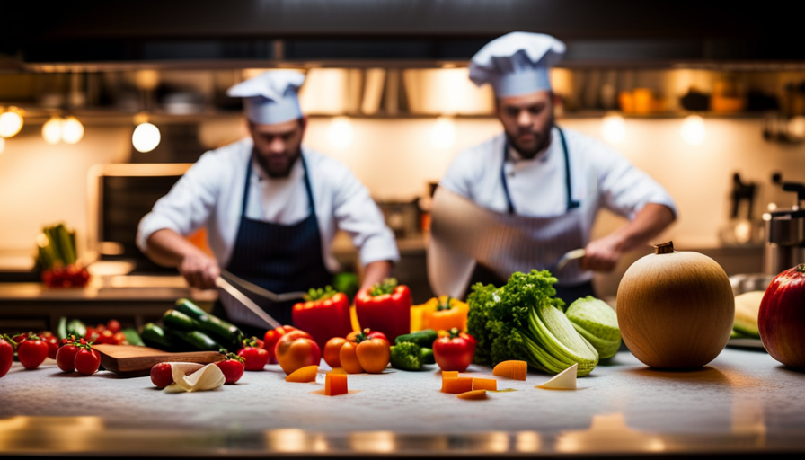 An image showcasing a vibrant, bustling kitchen filled with colorful fruits, vegetables, and a skilled chef expertly slicing, dicing, and blending ingredients with precision and passion