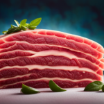 An image that showcases the vibrant hues of freshly cut raw beef, exuding a marbled texture and glistening with moisture