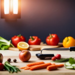 An image capturing a vibrant, colorful kitchen counter adorned with an array of freshly picked fruits and vegetables, surrounded by gleaming knives, a blender, and a dehydrator, showcasing the preparation and creativity involved in a raw food diet