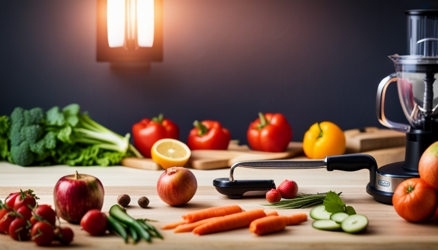 An image capturing a vibrant, colorful kitchen counter adorned with an array of freshly picked fruits and vegetables, surrounded by gleaming knives, a blender, and a dehydrator, showcasing the preparation and creativity involved in a raw food diet