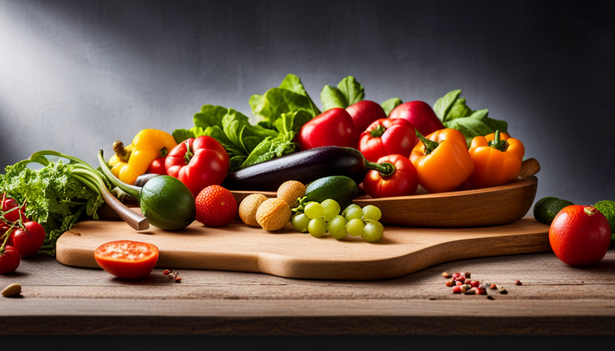 An image showcasing a vibrant array of freshly picked fruits and vegetables, neatly arranged on a wooden cutting board