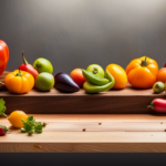 An image showcasing a vibrant array of freshly picked fruits and vegetables, neatly arranged on a wooden cutting board
