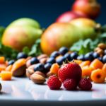 An image showcasing a vibrant plate filled with an array of colorful fruits, vegetables, and nuts