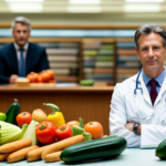 An image featuring a 46-year-old doctor, surrounded by vibrant stacks of books on one side and an array of fresh raw fruits and vegetables on the other, showcasing their unique career as an author and advocate of raw food