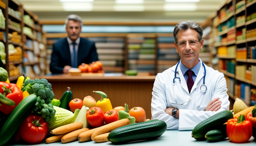 An image featuring a 46-year-old doctor, surrounded by vibrant stacks of books on one side and an array of fresh raw fruits and vegetables on the other, showcasing their unique career as an author and advocate of raw food