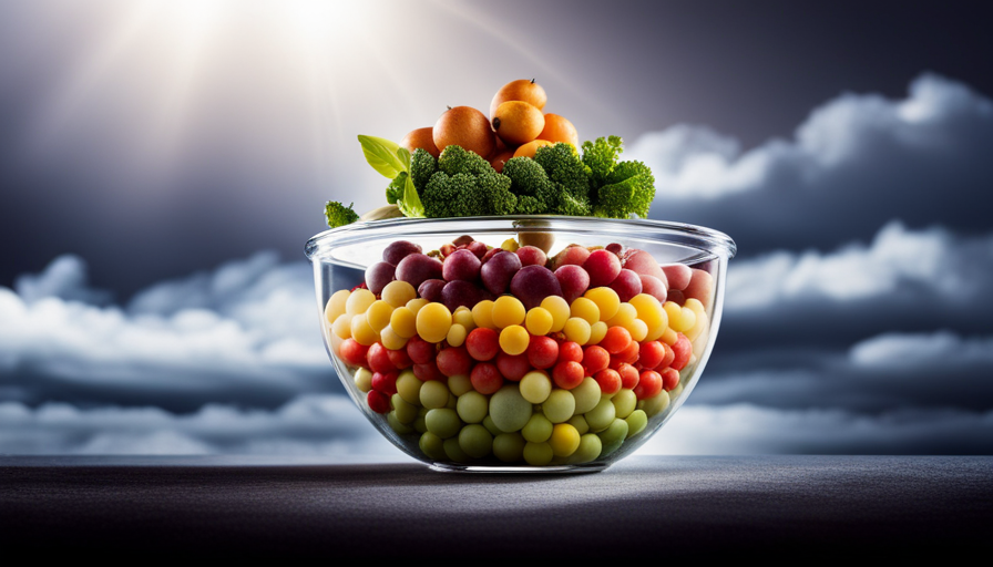 An image showcasing a vibrant bowl overflowing with an assortment of fresh, colorful fruits, vegetables, and nuts