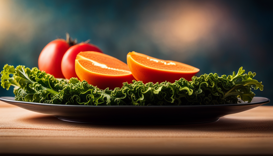 An image that showcases the vibrant hues and textures of raw food, capturing a platter of crisp green kale leaves, juicy red tomatoes, vibrant orange carrots, and luscious yellow mango slices