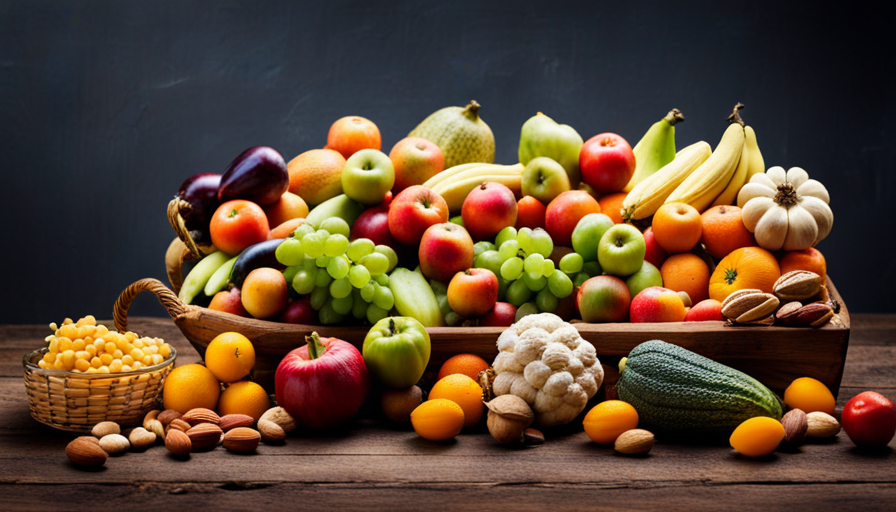 An image showcasing an abundant array of vibrant, uncooked fruits, vegetables, and nuts, artfully arranged on a rustic wooden table