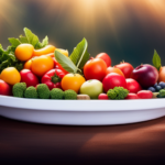 An image showcasing a vibrant, diverse plate bursting with colorful fruits, vegetables, and leafy greens