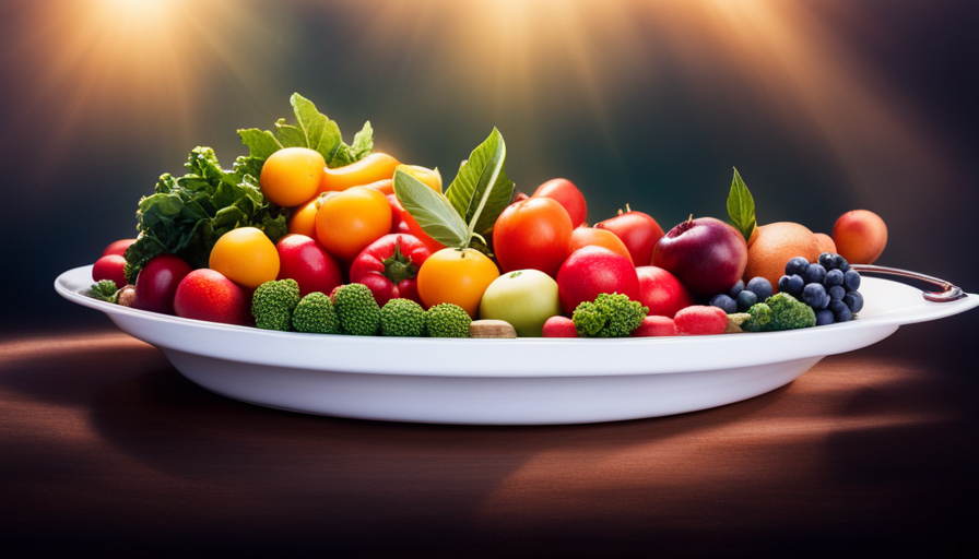 An image showcasing a vibrant, diverse plate bursting with colorful fruits, vegetables, and leafy greens