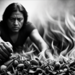 An image showcasing a person struggling to start a fire, surrounded by raw vegetables and fruits