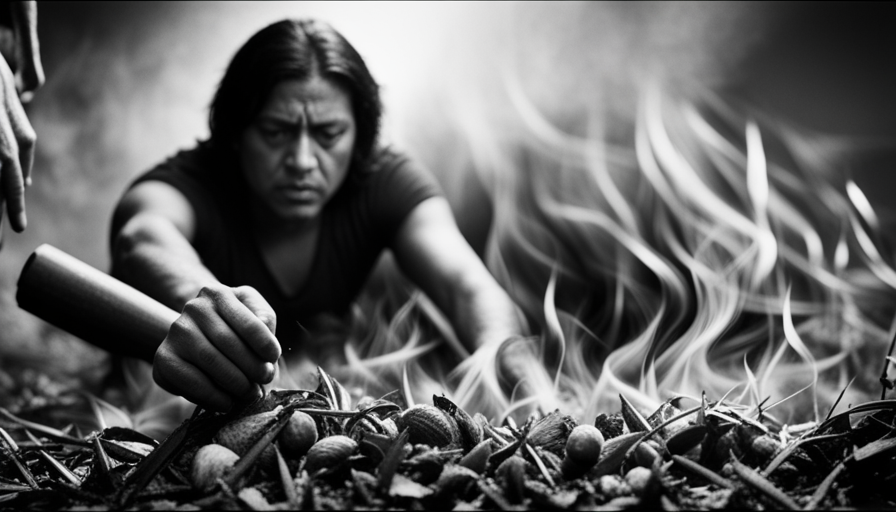 An image showcasing a person struggling to start a fire, surrounded by raw vegetables and fruits