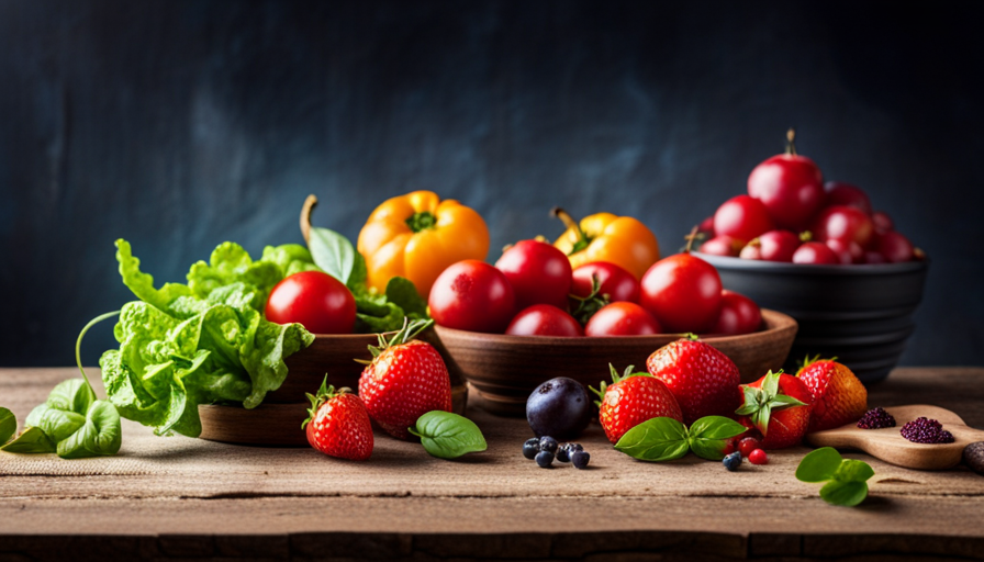 An image of a vibrant assortment of fresh fruits, vegetables, and herbs, beautifully arranged on a rustic wooden board