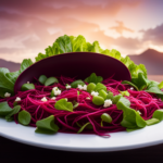 An image of a vibrant, colorful salad bowl filled with thinly sliced raw beetroot, crisp green lettuce leaves, creamy goat cheese crumbles, crunchy walnuts, and a drizzle of tangy balsamic vinaigrette